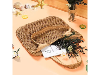 Sac en Paille de Coton Panier Fleur Perlé Sacs Basiques Toile Boho Sac Baril