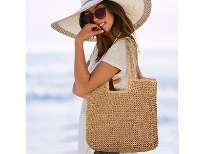 Sac en Paille de Coton Panier Fleur Perlé Sacs Basiques Toile Boho Sac Baril