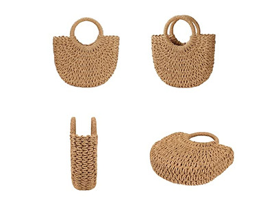 Sac en Paille de Niche Sacs de Palmier Papier Perle Téléphone Simple Rotin Forme Ronde Coquille Petit